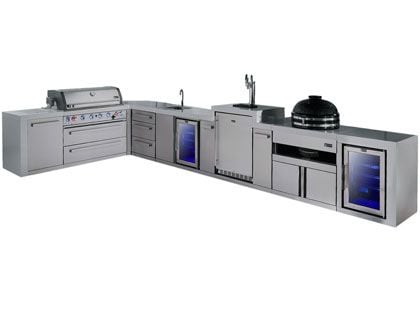 Mont Alpi 6-Burner 94" x 194" Deluxe Grill Island with 90-Degree Corner, Kegerator, Kamado Module, Beverage Center, Refrigerator, Triple Drawers, Infrared Burners, and Rotisserie Kit - Stainless Steel