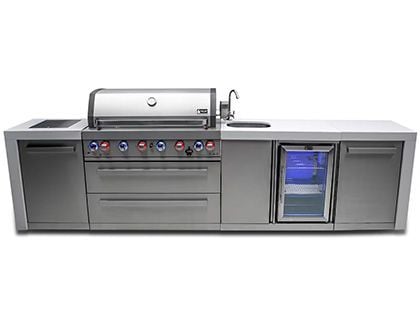 Mont Alpi 6-Burner 11-Foot Deluxe Outdoor Gas Grill Station with Beverage Center, Infrared Side & Rear Burners, and Rotisserie Kit - Stainless Steel