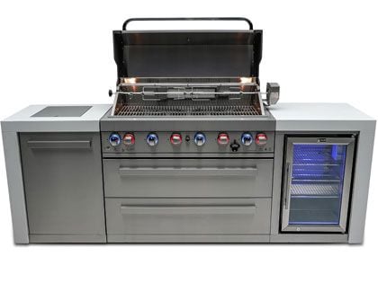Mont Alpi 6-Burner 94-Inch Deluxe Modular Outdoor Kitchen Island with Fridge, Infrared Burners, and Rotisserie Kit - Stainless Steel