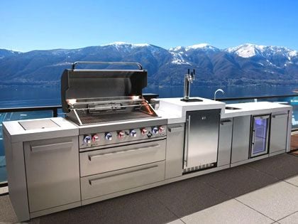 Mont Alpi 6-Burner 15-Foot Deluxe Outdoor Grill Station with Kegerator, Beverage Center, Infrared Burners, and Rotisserie Kit - Stainless Steel
