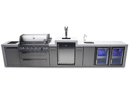 Mont Alpi 6-Burner 15-Foot Deluxe Outdoor Grill Station with Keg, Beverage Center, Refrigerator, Infrared Burners, and Rotisserie Kit - Stainless Steel