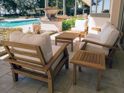 Miami 6-Piece Teak Patio Conversation Set with Rectangular Coffee Table, Side Tables and Sunbrella Canvas White Cushions