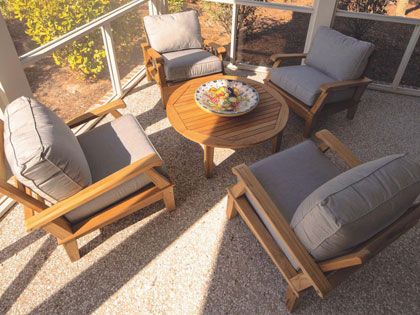 Miami 5-Piece Teak Patio Conversation Set with 42-Inch Round Coffee Table and Sunbrella Canvas Granite Cushions