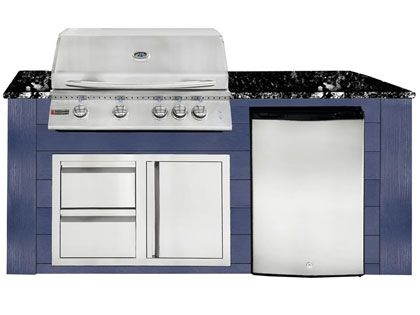 RCS 4-Burner 6-Foot Gas Grill Island with Rear Infrared Burner, Refrigerator, Access Door, Blue Cabinet & Black Granite Countertop
