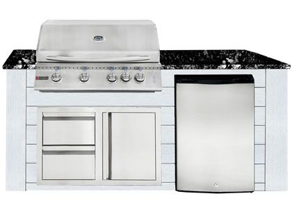 RCS 4-Burner 6-Foot Gas Grill Island with Rear Infrared Burner, Refrigerator, Access Door, White Cabinet & Black Granite Countertop