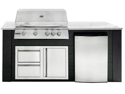 RCS 4-Burner 6-Foot Gas Grill Island with Rear Infrared Burner, Refrigerator, Access Door, Black Cabinet & White Granite Countertop