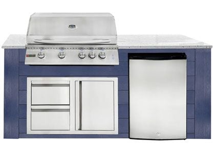 RCS 4-Burner 6-Foot Gas Grill Island with Rear Infrared Burner, Refrigerator, Access Door, Blue Cabinet & White Granite Countertop