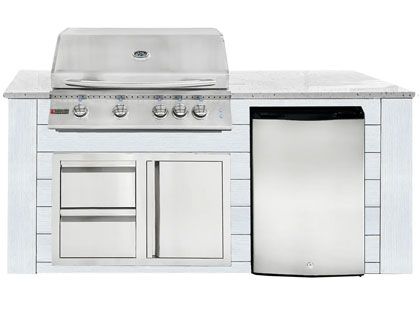 RCS 4-Burner 6-Foot Gas Grill Island with Rear Infrared Burner, Refrigerator, Access Door, White Cabinet & White Granite Countertop
