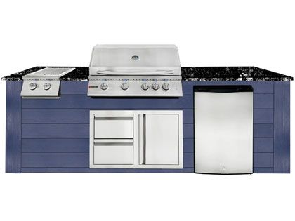 RCS 4-Burner 8-Foot Gas Grill Island with Rear Infrared Burner, Refrigerator, Double Side Burner, Access Door, Blue Cabinet & Black Granite Countertop