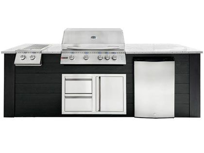 RCS 4-Burner 8-Foot Gas Grill Island with Rear Infrared Burner, Refrigerator, Double Side Burner, Access Door, Black Cabinet & White Granite Countertop