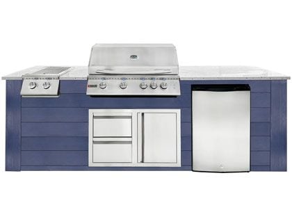 RCS 4-Burner 8-Foot Gas Grill Island with Rear Infrared Burner, Refrigerator, Double Side Burner, Access Door, Blue Cabinet & White Granite Countertop