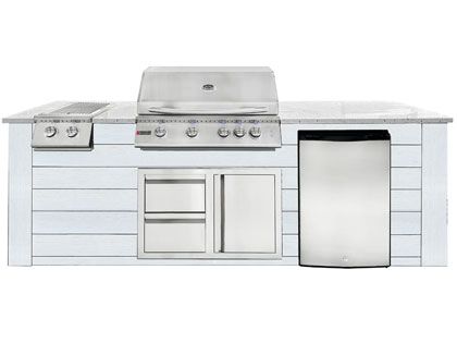 RCS 4-Burner 8-Foot Gas Grill Island with Rear Infrared Burner, Refrigerator, Double Side Burner, Access Door, White Cabinet & White Granite Countertop