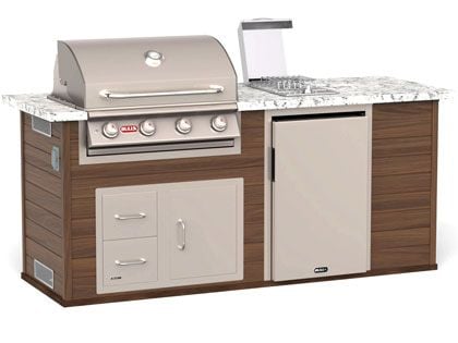 Bull 88-Inch ODK Outdoor Grill Island with 30-Inch 4 Burner Grill, Side Burner, Refrigerator, Walnut Base and White Granite Countertop