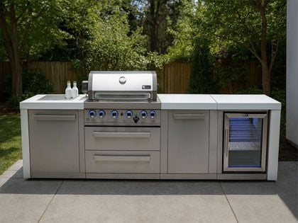 Mont Alpi 4-Burner 9-Foot Deluxe Grill Island with Infrared Side & Rear Burners, Refrigerator, Cabinet Module and Rotisserie Kit - Stainless Steel
