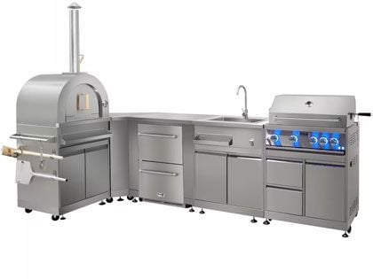 Thor Kitchen 7-Piece L-Shaped Modular Outdoor Kitchen Island with 32-Inch 4-Burner Gas Grill, Pizza Oven, Sink & Refrigeration