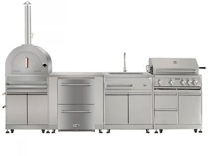 Thor Kitchen 6-Piece Modular Outdoor Kitchen Island with 32-Inch 4-Burner Gas Grill, Pizza Oven, Sink & Refrigeration