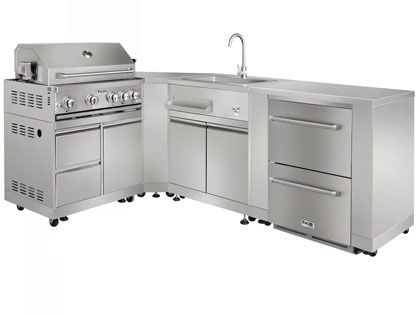 Thor Kitchen 6-Piece L-Shaped Modular Outdoor Kitchen Island with 32-Inch 4-Burner Gas Grill, Sink & Refrigeration