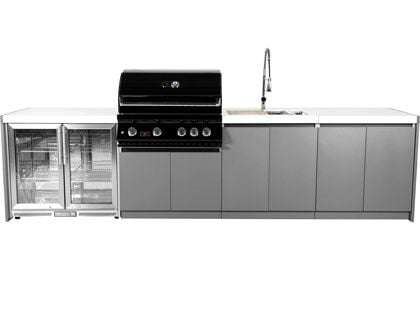 Whistler 4-Burner 133 x 28-Inch Gas Grill Island with Infrared Rear Burner, Refrigerator, Sink, and Rotisserie Kit - Black Stainless