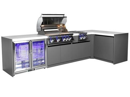 Whistler 4-Burner 132 x 61-Inch Gas Grill Island with 90-Degree Corner, Infrared Rear Burner, Refrigerator, Double Side Burner, and Rotisserie Kit