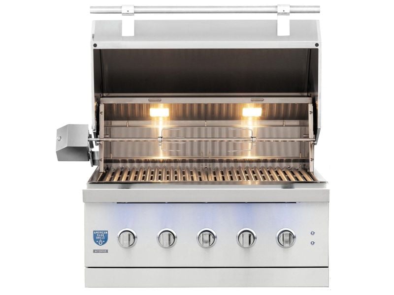 American Made Grills Encore 36-Inch Hybrid Wood, Charcoal Gas Grill with  Infrared Sear Burner Rotisserie Kit