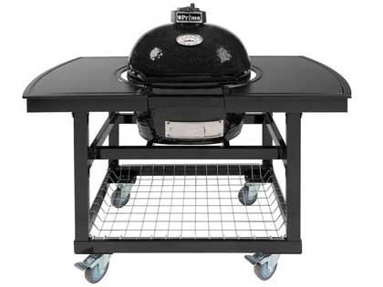 Primo Oval Junior Ceramic Kamado Charcoal Grill On Steel Cart With 2-Piece Island Side Shelves
