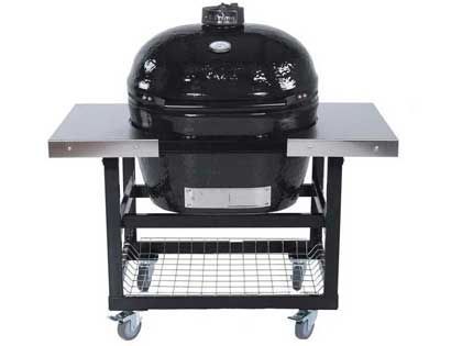 Primo Oval Junior Ceramic Kamado Charcoal Grill On Steel Cart With Stainless Side Tables