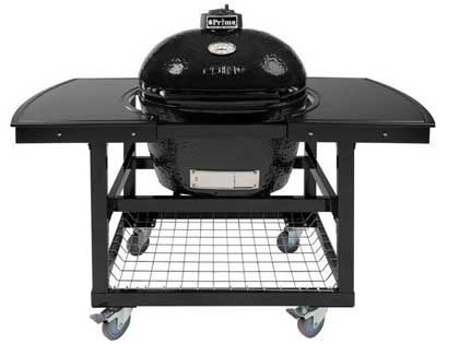 Primo Oval Large Ceramic Kamado Charcoal Grill On Steel Cart With 2-Piece Island Side Shelves