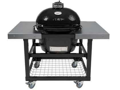 Primo Oval Large Ceramic Kamado Charcoal Grill On Steel Cart With Stainless Side Tables