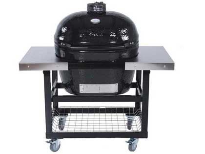 Primo Oval XL Ceramic Kamado Charcoal Grill On Steel Cart With Stainless Side Tables