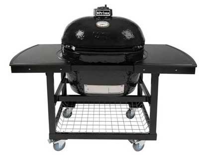 Primo Oval XL Ceramic Kamado Charcoal Grill On Steel Cart With 2-Piece Island Side Shelves