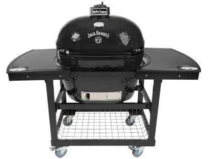 Primo Jack Daniels Edition Oval XL Ceramic Kamado Charcoal Grill On Steel Cart With 2-Piece Island Side Shelves