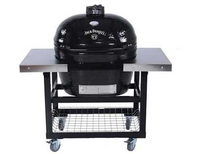 Primo Jack Daniels Edition Oval XL Ceramic Kamado Charcoal Grill On Steel Cart With Stainless Side Tables