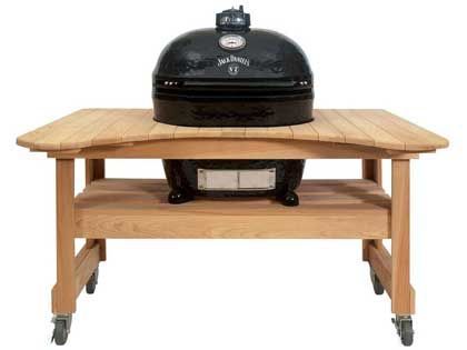 Primo Jack Daniels Edition Oval XL Ceramic Kamado Grill On Curved Cypress Table