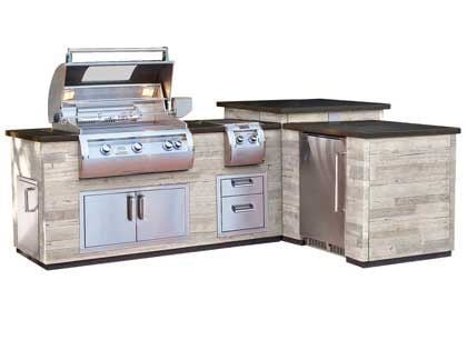 Fire Magic L-Shaped 660 Silver Pine Reclaimed Wood Island with Refrigerator Cut-Out