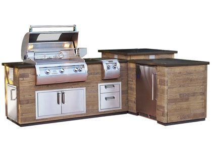 Fire Magic L-Shaped 660 French Barrel Oak Reclaimed Wood Island with Refrigerator Cut-Out